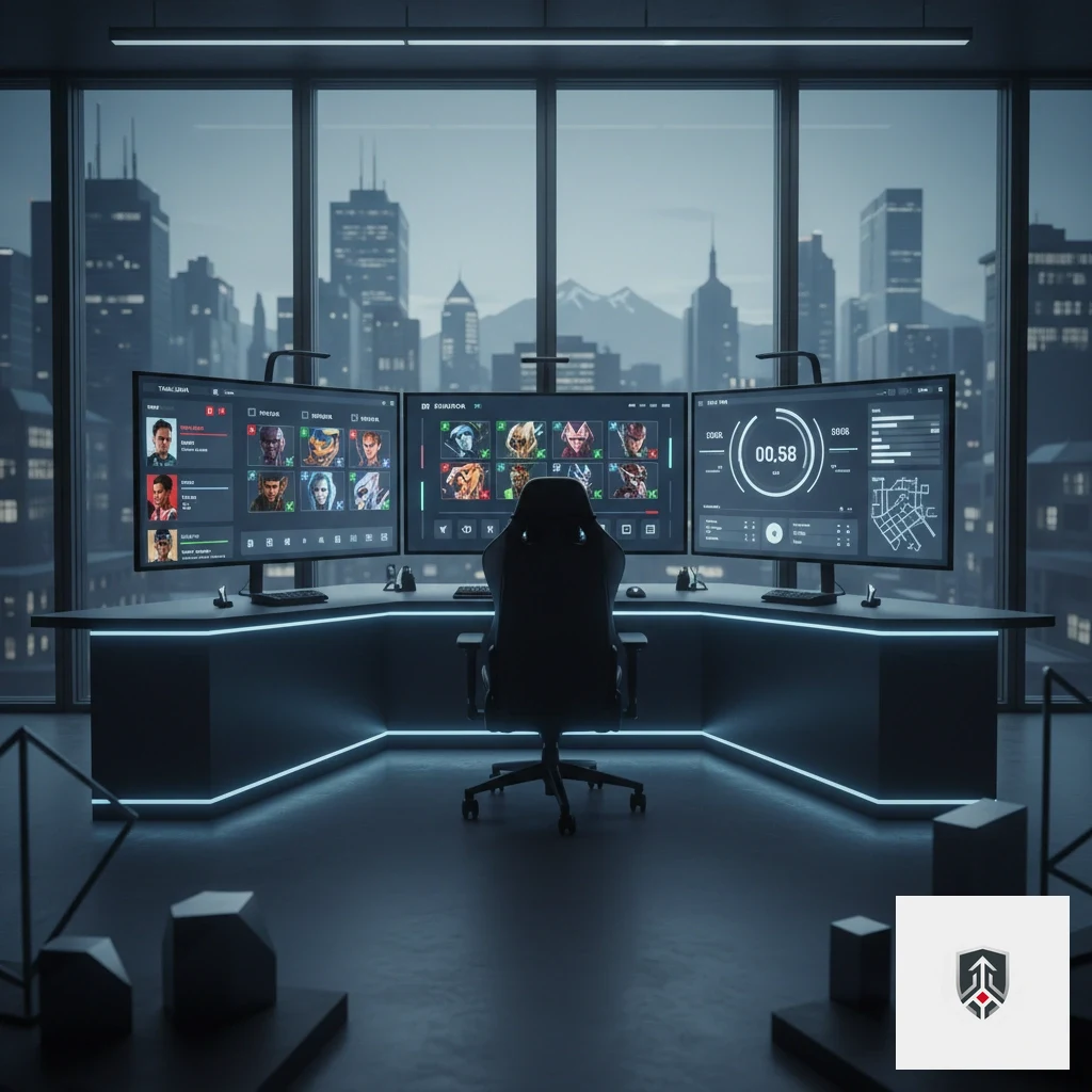 Soundproof glass booths on an esports stage facing an audience with digital score monitors overhead.