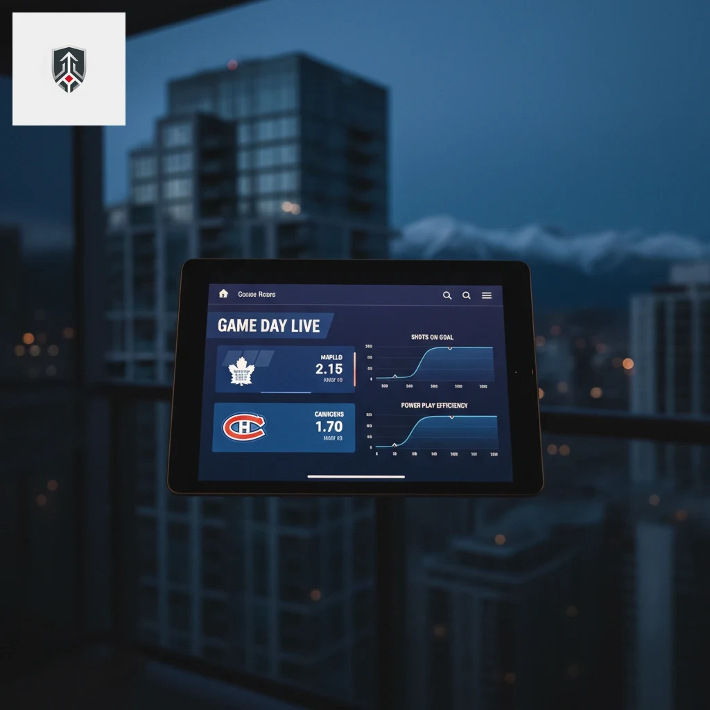 Digital display showing real-time ice hockey game statistics and shifting decimal odds.